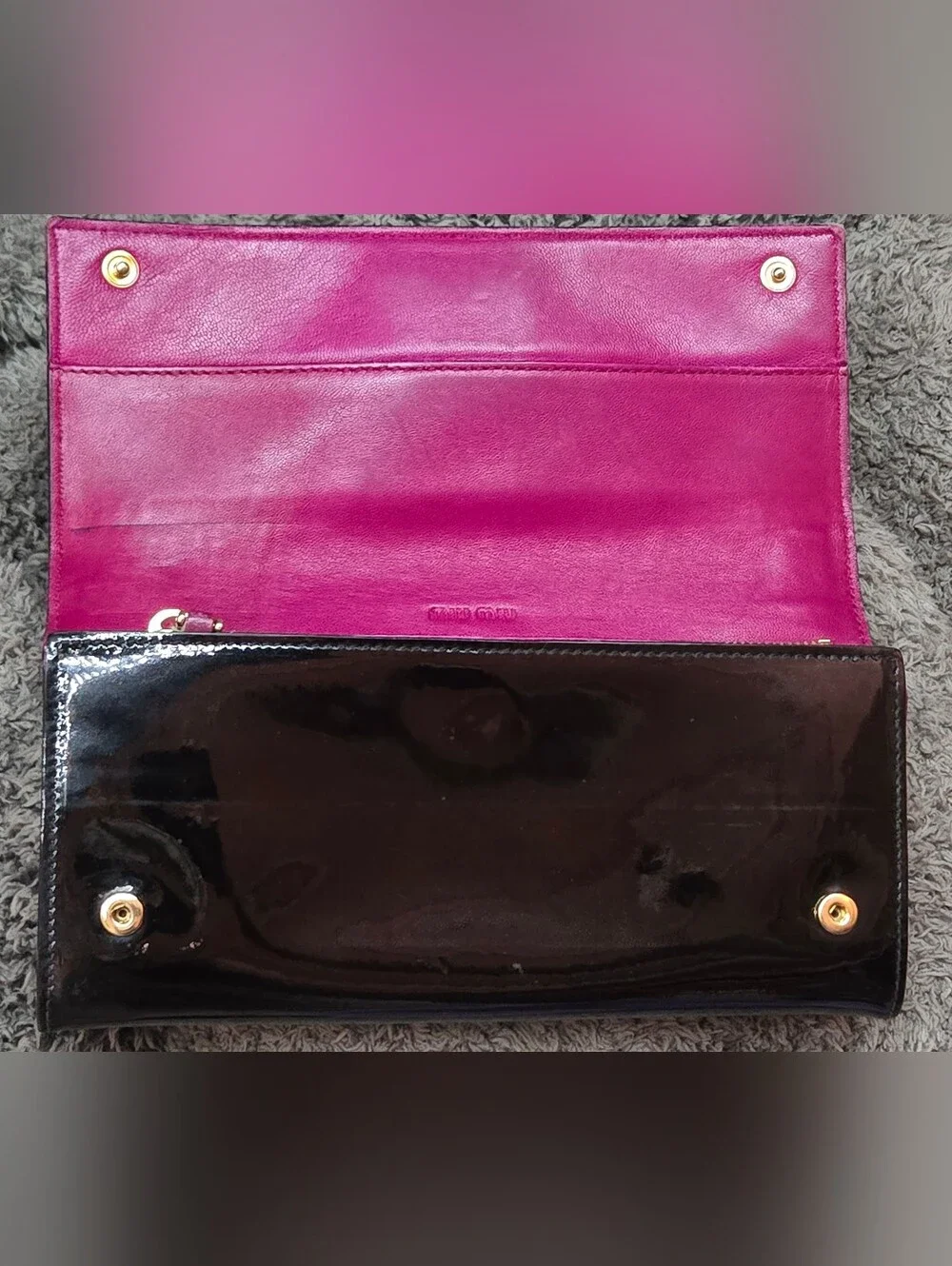 EUC Miu Miu Black Patent Leather Flap Long Wallet - Hot Pink Interior